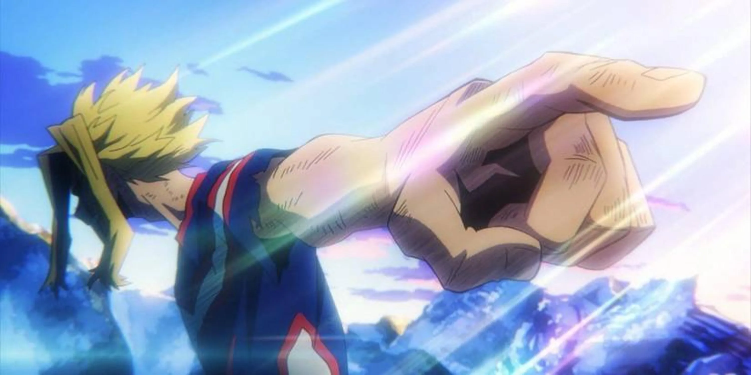 All Might chỉ tay về phía màn hình, lời tạm biệt và lời hứa với thế hệ tiếp theo sau trận chiến cuối cùng.