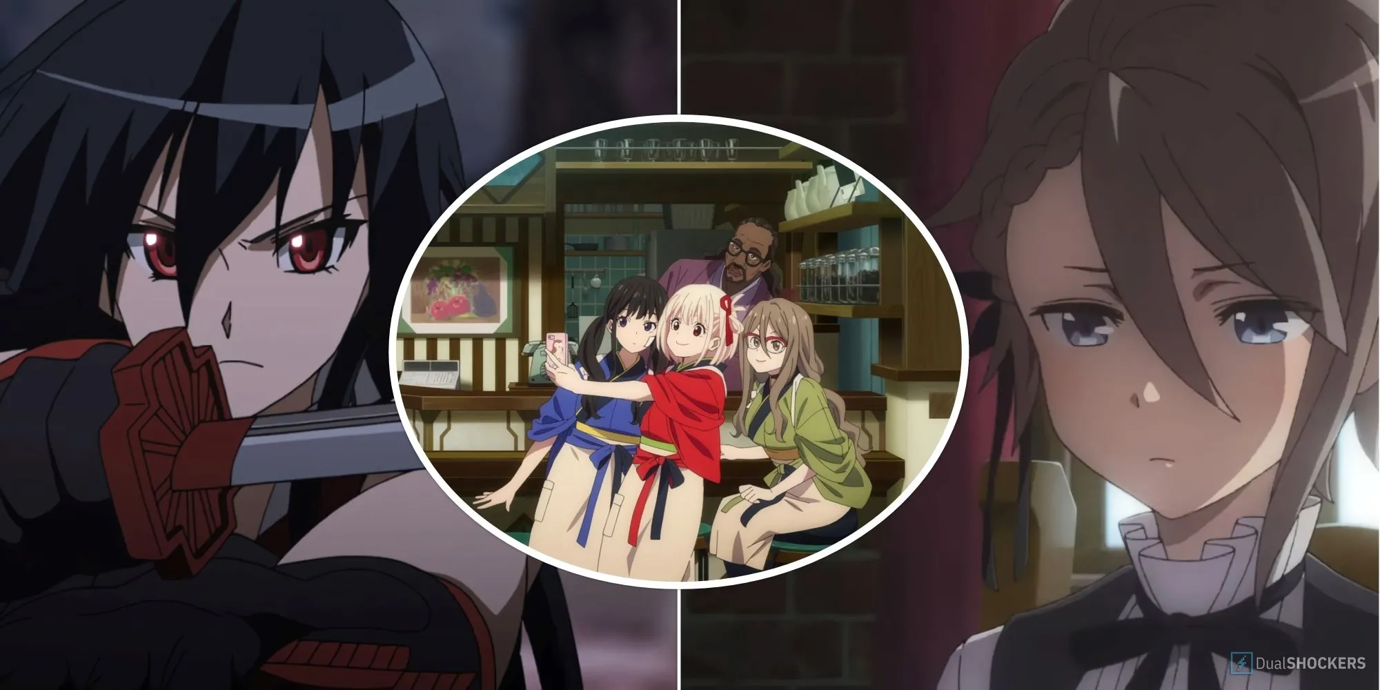 Ảnh ghép các nhân vật nữ nổi bật trong anime Lycoris Recoil, Akame Ga Kill và Princess Principal