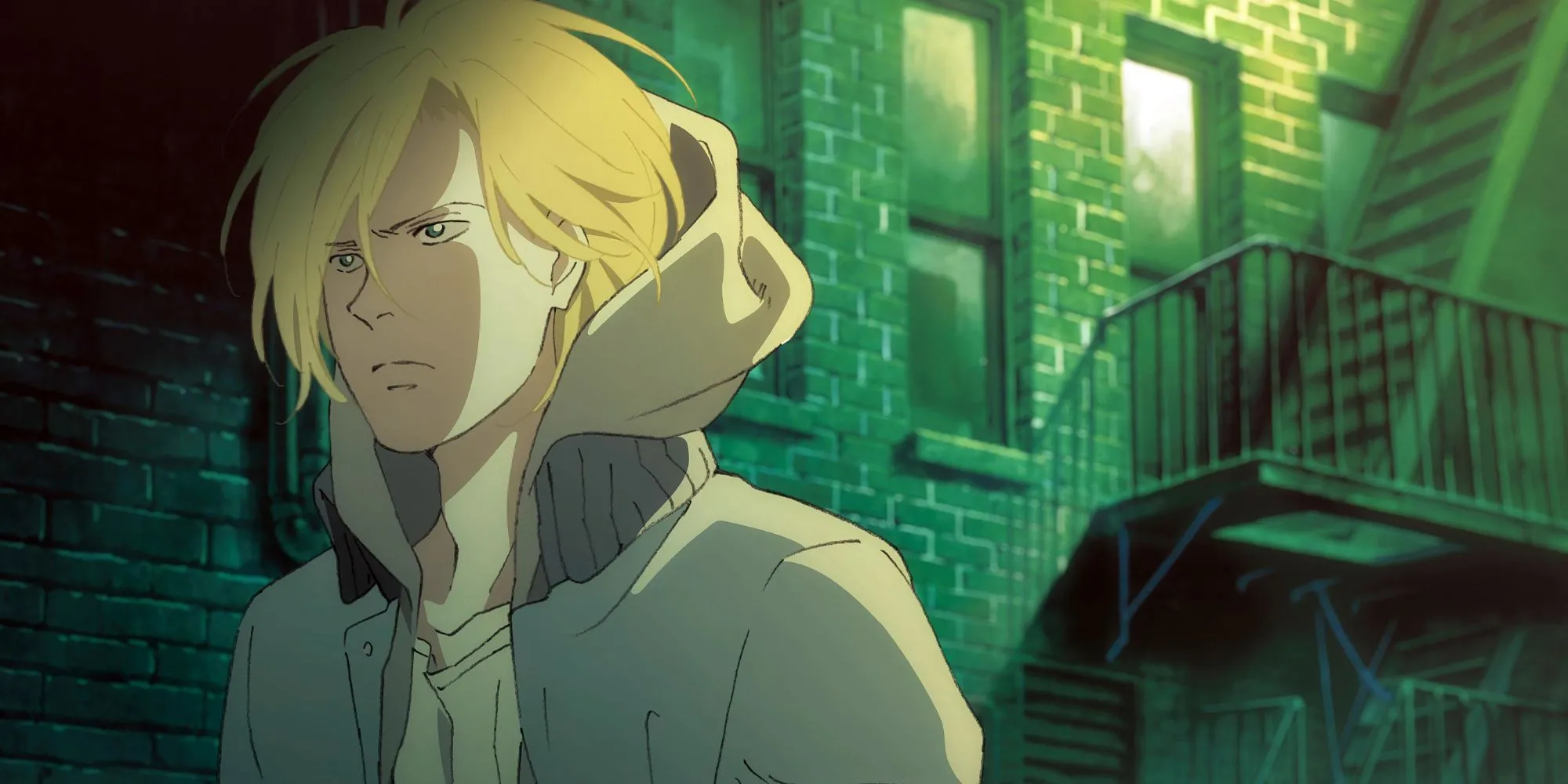 Ash Lynx đi bộ trong con hẻm tối, cảnh trong anime Banana Fish.