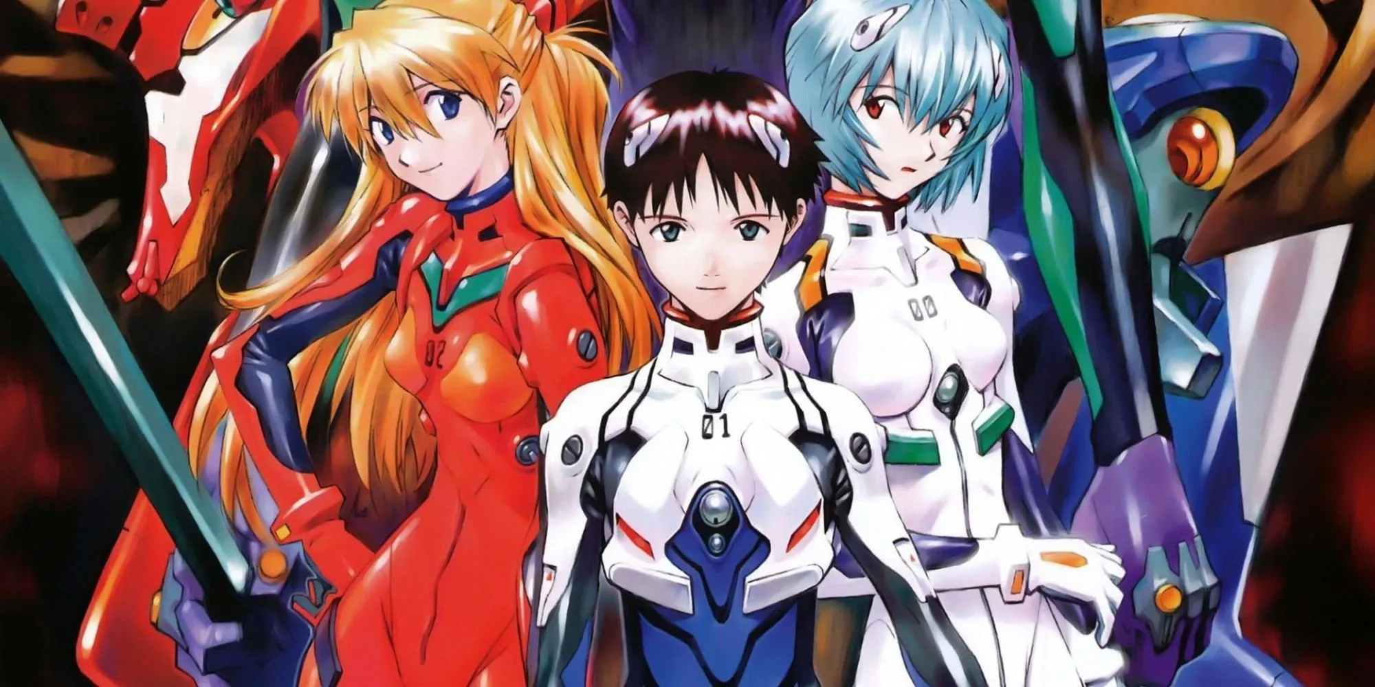 Ba nhân vật chính của Neon Genesis Evangelion - Shinji, Rei, và Asuka - đứng cùng nhau trong bộ đồ phi công