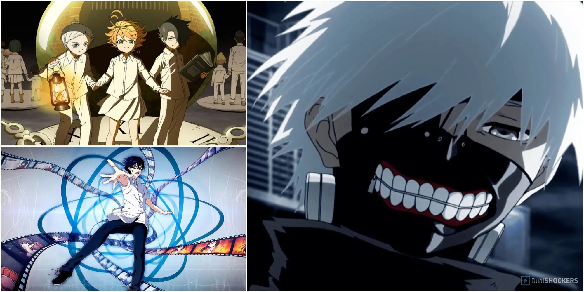 Ba nhân vật Emma, Satoru và Ken từ bộ anime Erased, một ví dụ nổi bật của thể loại tâm lý kinh dị.
