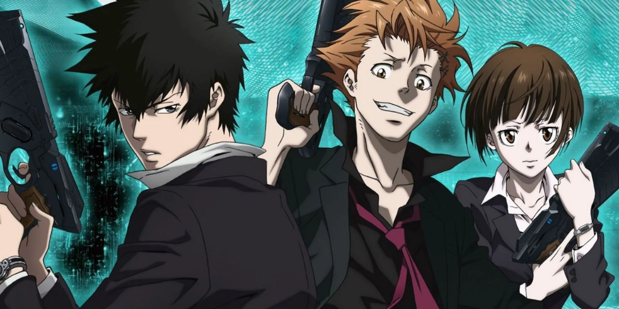 Các nhân vật chính từ anime Psycho-Pass với khẩu súng Dominator đặc trưng.