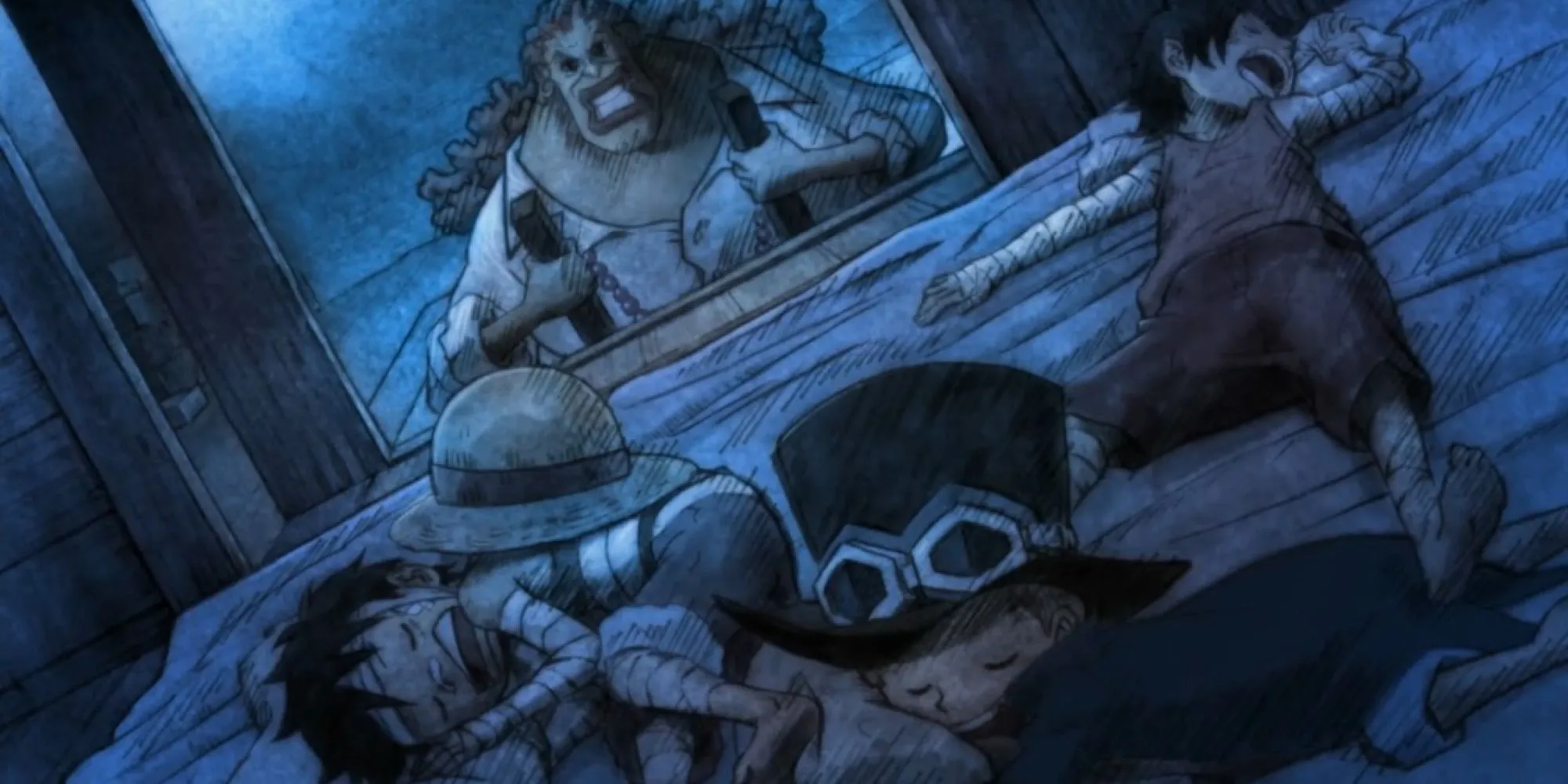 Dadan cùng ba anh em Luffy, Ace, Sabo thời thơ ấu ở làng Foosha