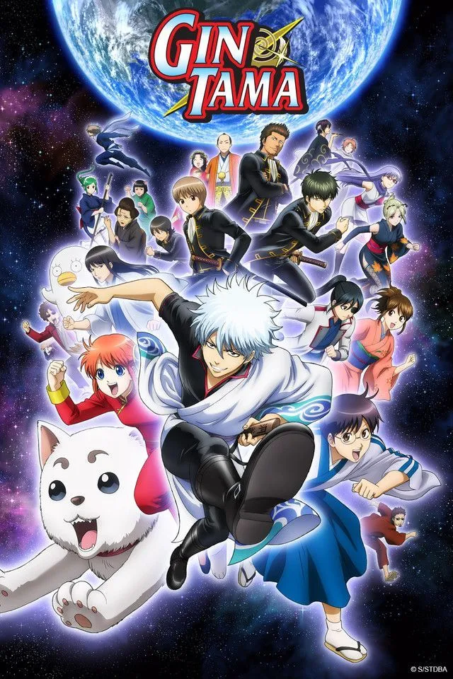 Dàn nhân vật chính của Gintama, bao gồm Gintoki, Shinpachi và Kagura, cùng các nhân vật phụ khác.