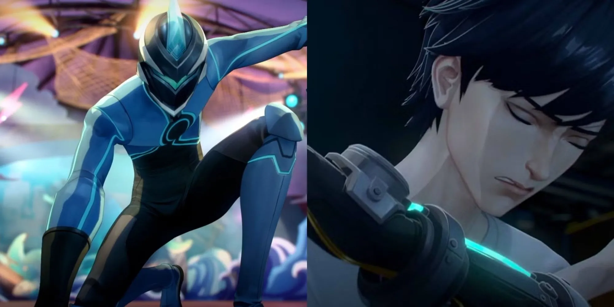 E-Soul, nhân vật Hạng 9 trong To Be Hero X, trong bộ giáp đen xanh phóng điện, thể hiện khả năng điều khiển sấm sét.