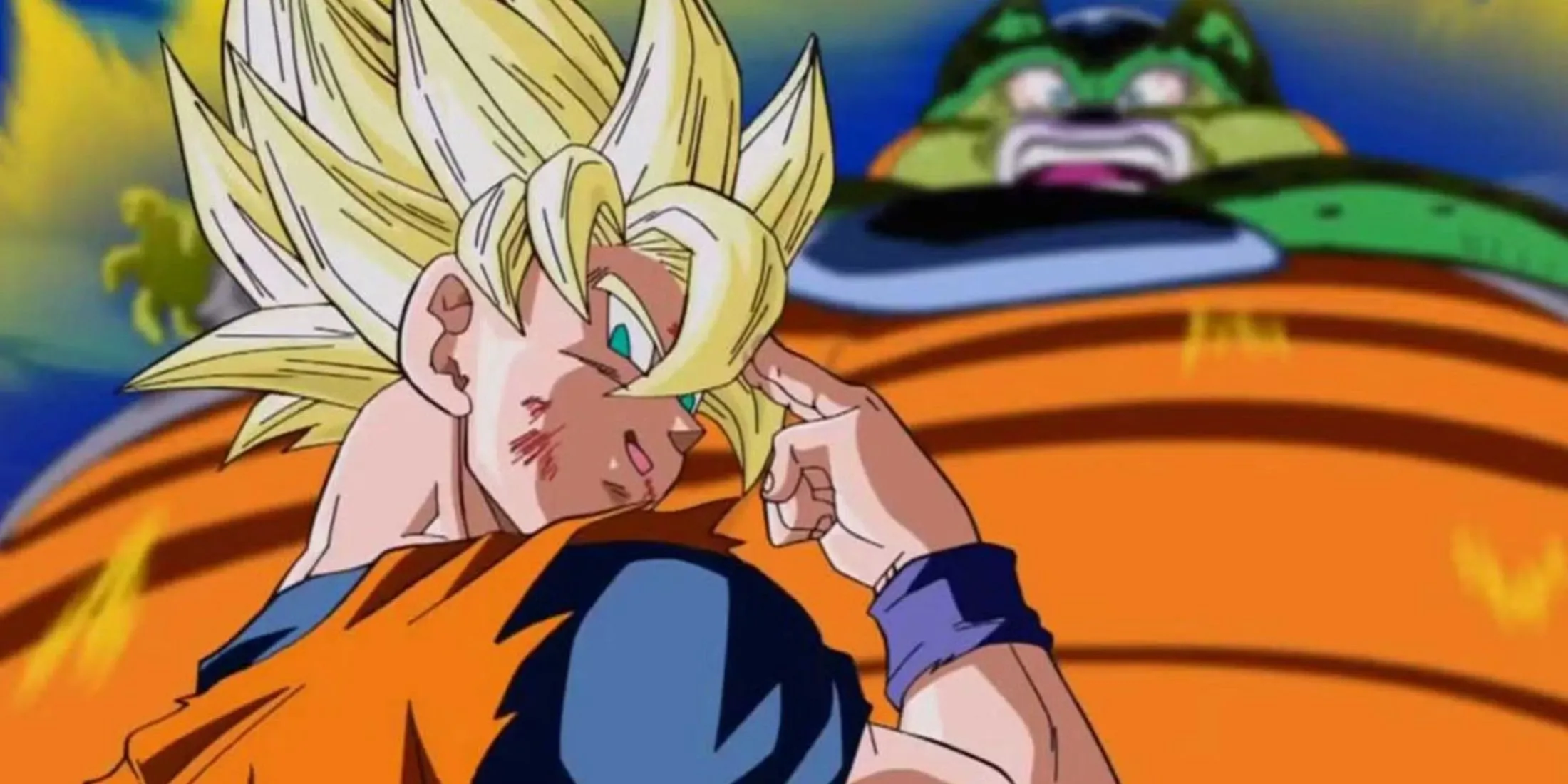 Goku ôm Cell trước khi hy sinh bản thân để cứu Trái Đất trong Dragon Ball Z Cell Games