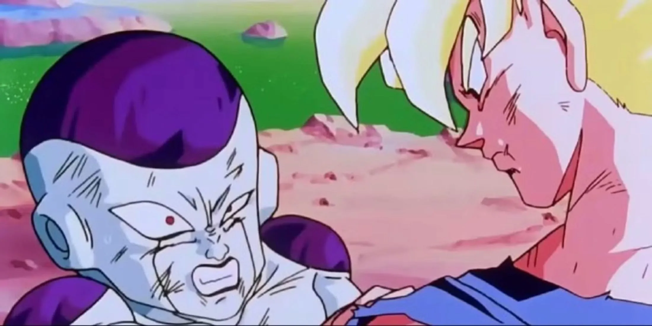 Goku trong trạng thái Super Saiyan đối mặt với Frieza trên hành tinh Namek trong Dragon Ball Z