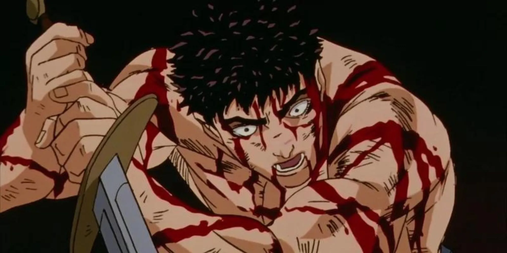 Guts với thanh kiếm khổng lồ đối đầu với quân đội Tudor trong Berserk