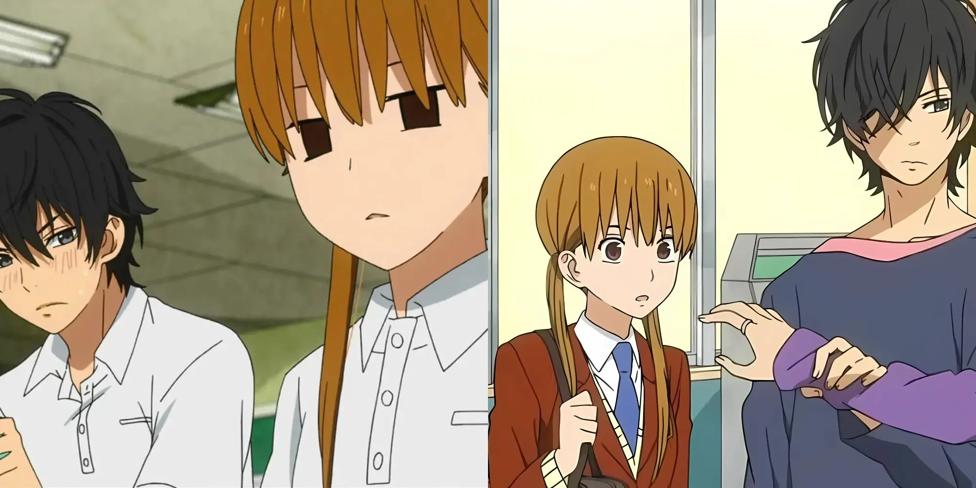 Haru Yoshida nhìn chăm chú Shizuku Mizutani trong anime My Little Monster, thể hiện cặp đôi 'trái dấu' học đường