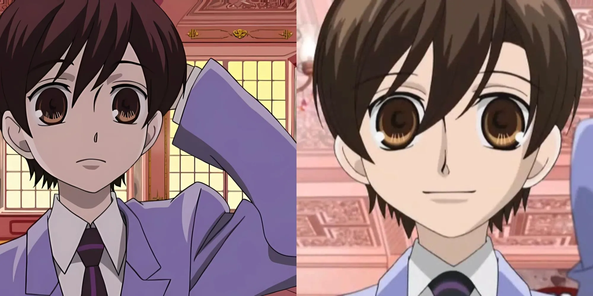 Haruhi Fujioka trong bộ đồng phục nam sinh Ouran, có thể đang giao tiếp với các host khác