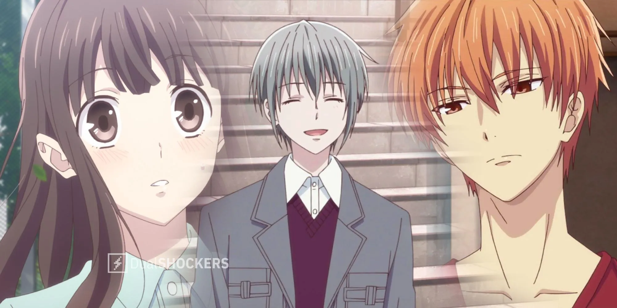 Hình ảnh các nhân vật chính Tohru Honda, Kyo Sohma và Yuki Sohma từ anime Fruits Basket.