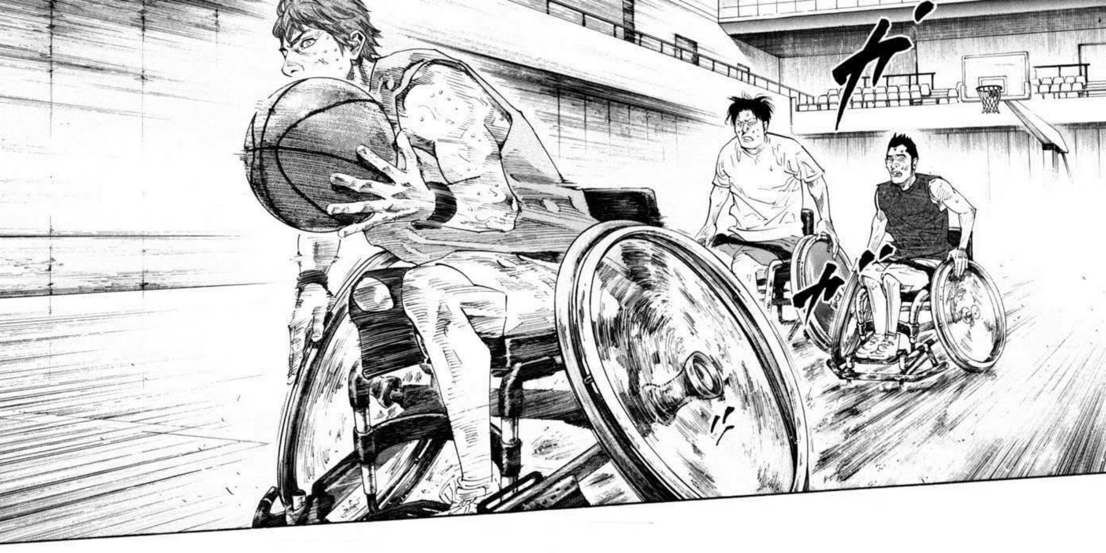 Hình ảnh các nhân vật chơi bóng rổ xe lăn từ manga Real, một bộ truyện thể thao cảm động và chân thực về cuộc sống với khuyết tật