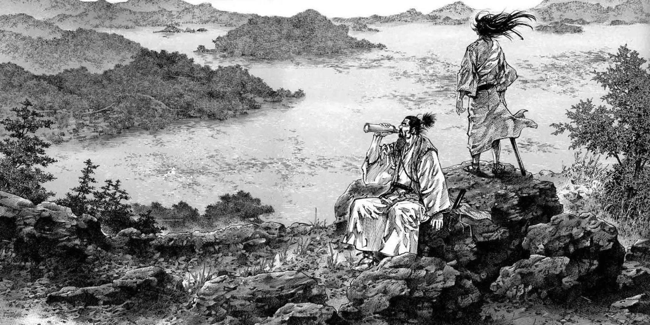 Hình ảnh nhân vật Miyamoto Musashi cầm kiếm từ manga Vagabond của Takehiko Inoue, một kiệt tác kiếm hiệp với nét vẽ đỉnh cao