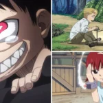 Hình ảnh tổng hợp các nhân vật anime nổi tiếng (Luffy, Naruto, Denji, Guts) đã trải qua tuổi thơ khó khăn và học cách vượt qua nghịch cảnh