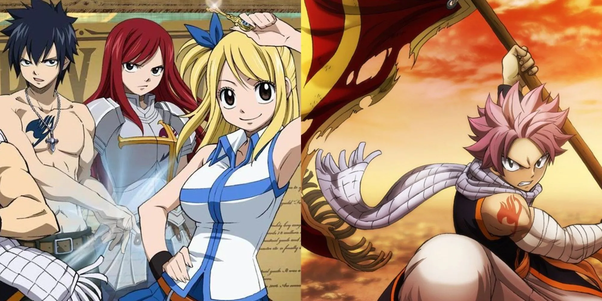 Hội pháp sư Fairy Tail với Natsu, Lucy, Gray, Erza, Happy và Carla