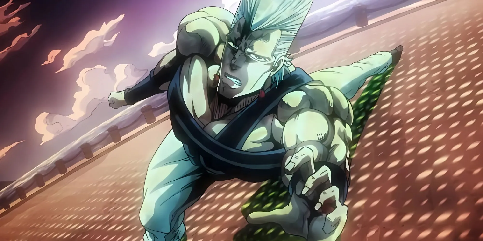 Jean-Pierre Polnareff thực hiện dáng nghiêng người không tưởng về phía trước, tay cầm kiếm đưa ra, thể hiện sự quyết liệt và vượt qua giới hạn vật lý trong JoJo phần 3.