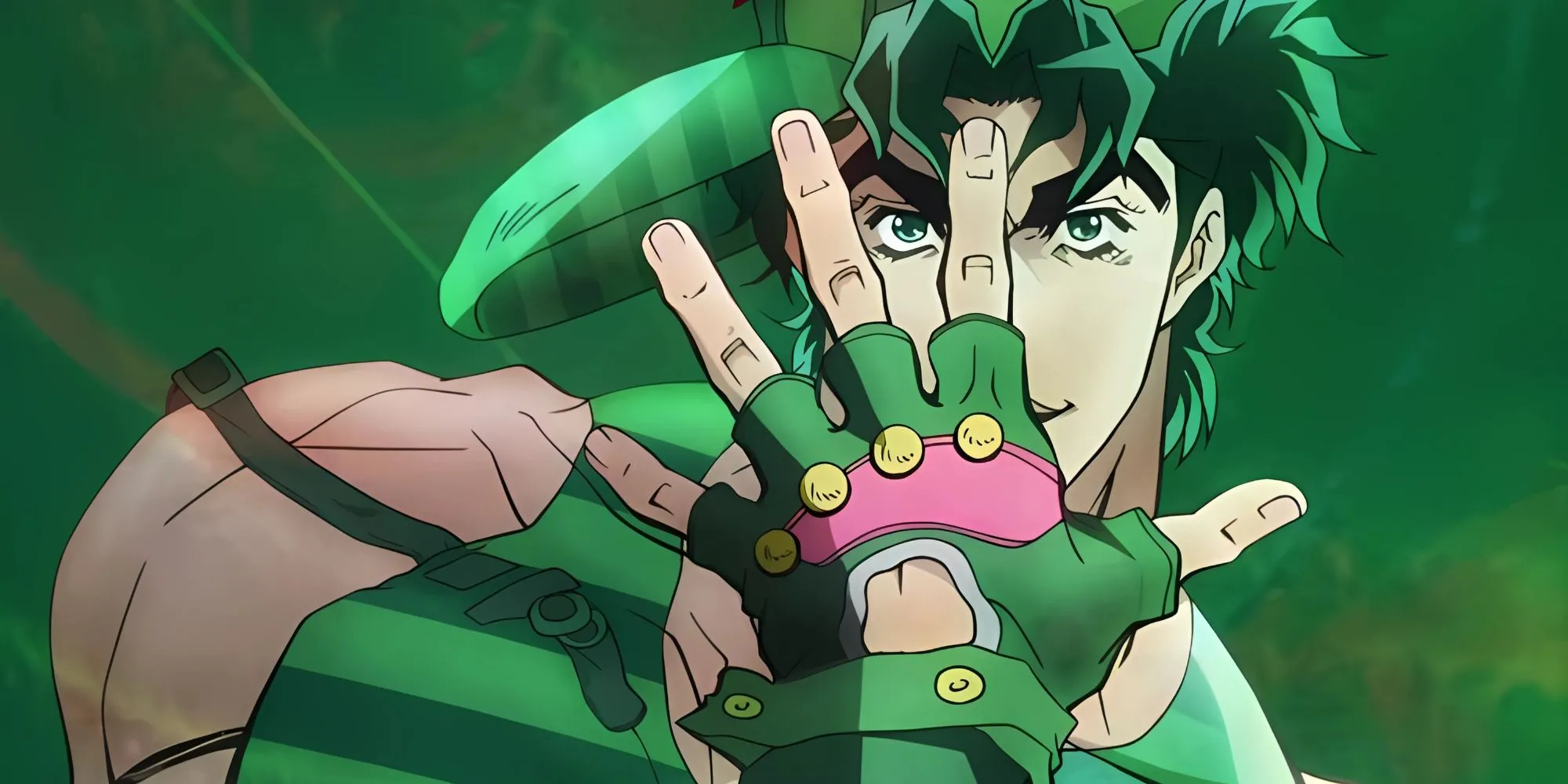 Jonathan Joestar tạo dáng &quot;mạng che tay&quot; biểu tượng trong JoJo phần 1, với các ngón tay giơ lên che mặt và ánh mắt nhìn qua kẽ hở.