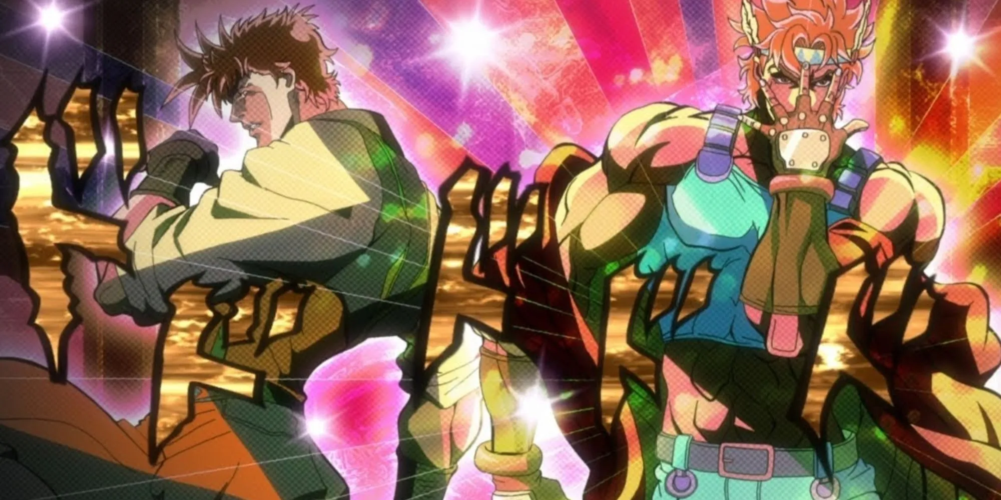 Joseph Joestar và Caesar Zeppeli đứng tựa lưng vào nhau, mỗi người hướng ra một bên, thể hiện sự đối địch nhưng cũng đầy tin tưởng giữa hai người trong JoJo phần 2.