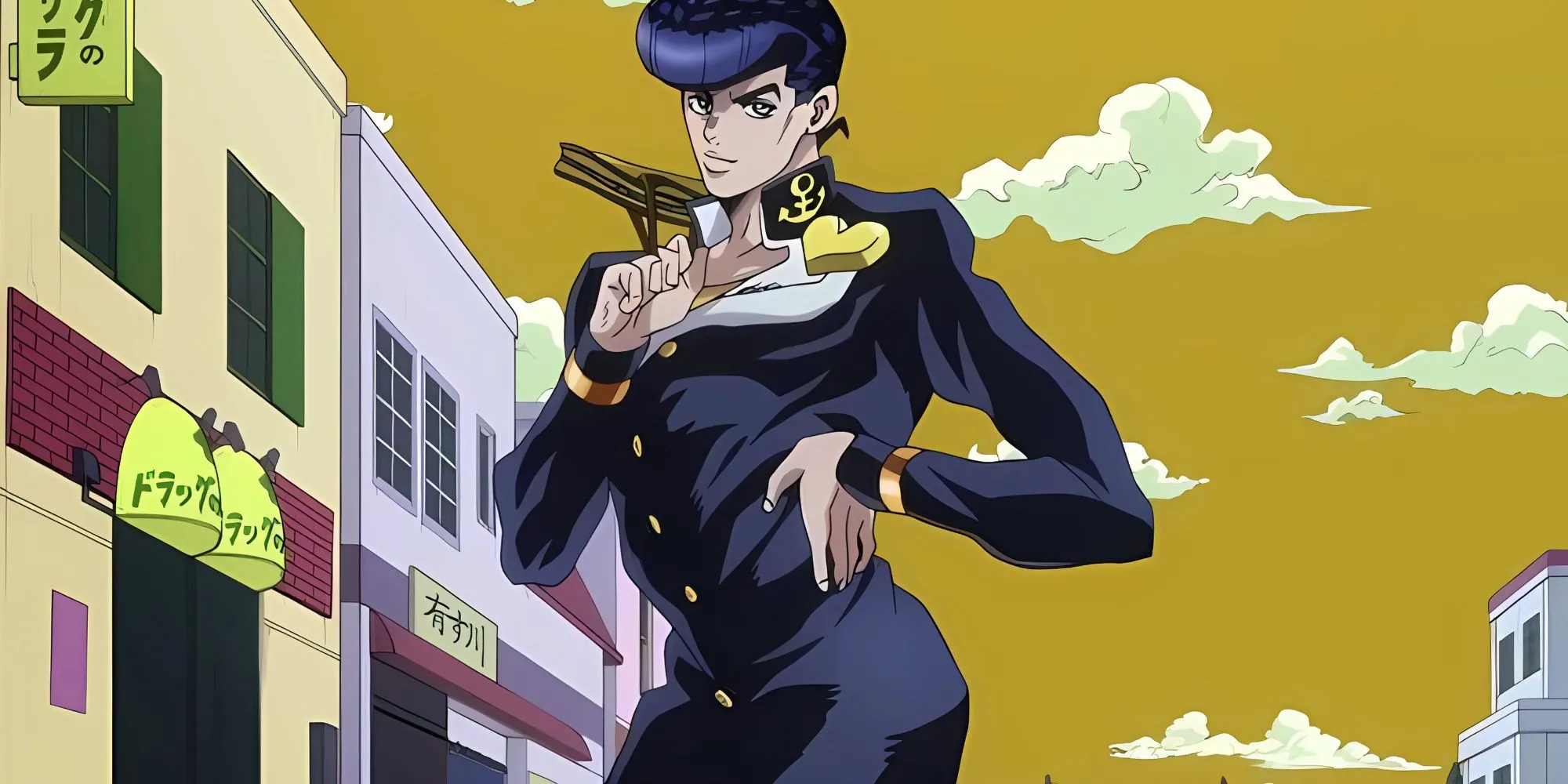 Josuke Higashikata tạo dáng chống hông đặc trưng, thân trên xoắn nhẹ trong khi hông đẩy sang bên, tôn lên kiểu tóc pompadour nổi bật trong JoJo phần 4.