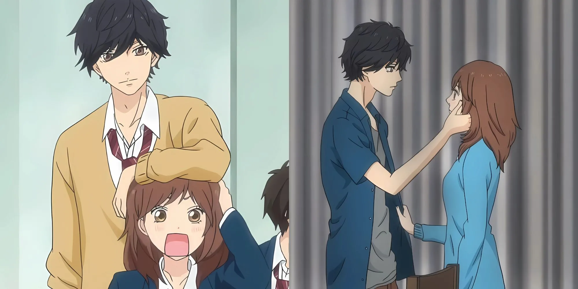 Kou Mabuchi và Futaba Yoshioka nhìn nhau với ánh mắt phức tạp trong anime Ao Haru Ride, biểu thị cặp đôi 'trái dấu' vượt qua quá khứ