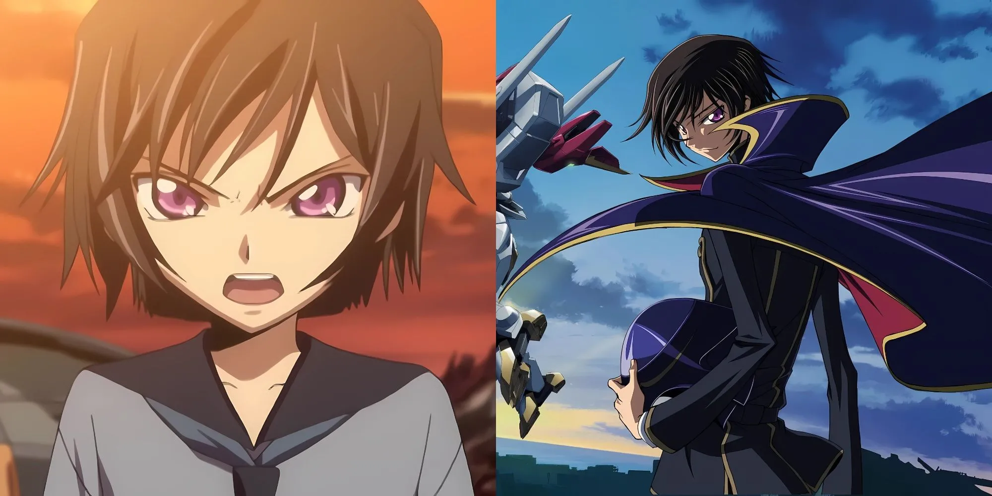 Lelouch Lamperouge trong trang phục Zero của Code Geass, đứng trước Knightmare Frame, thể hiện quyền lực và kế hoạch