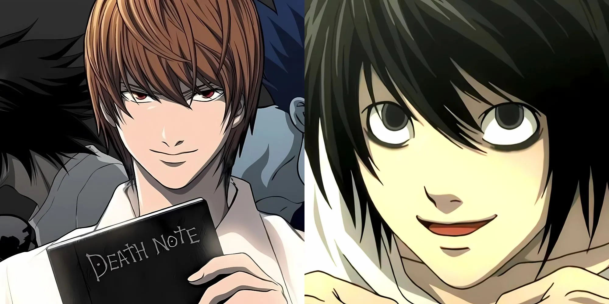 Light Yagami cầm quyển Death Note, cùng với Ryuk, bối cảnh u tối, tượng trưng cho cuộc chiến trí tuệ