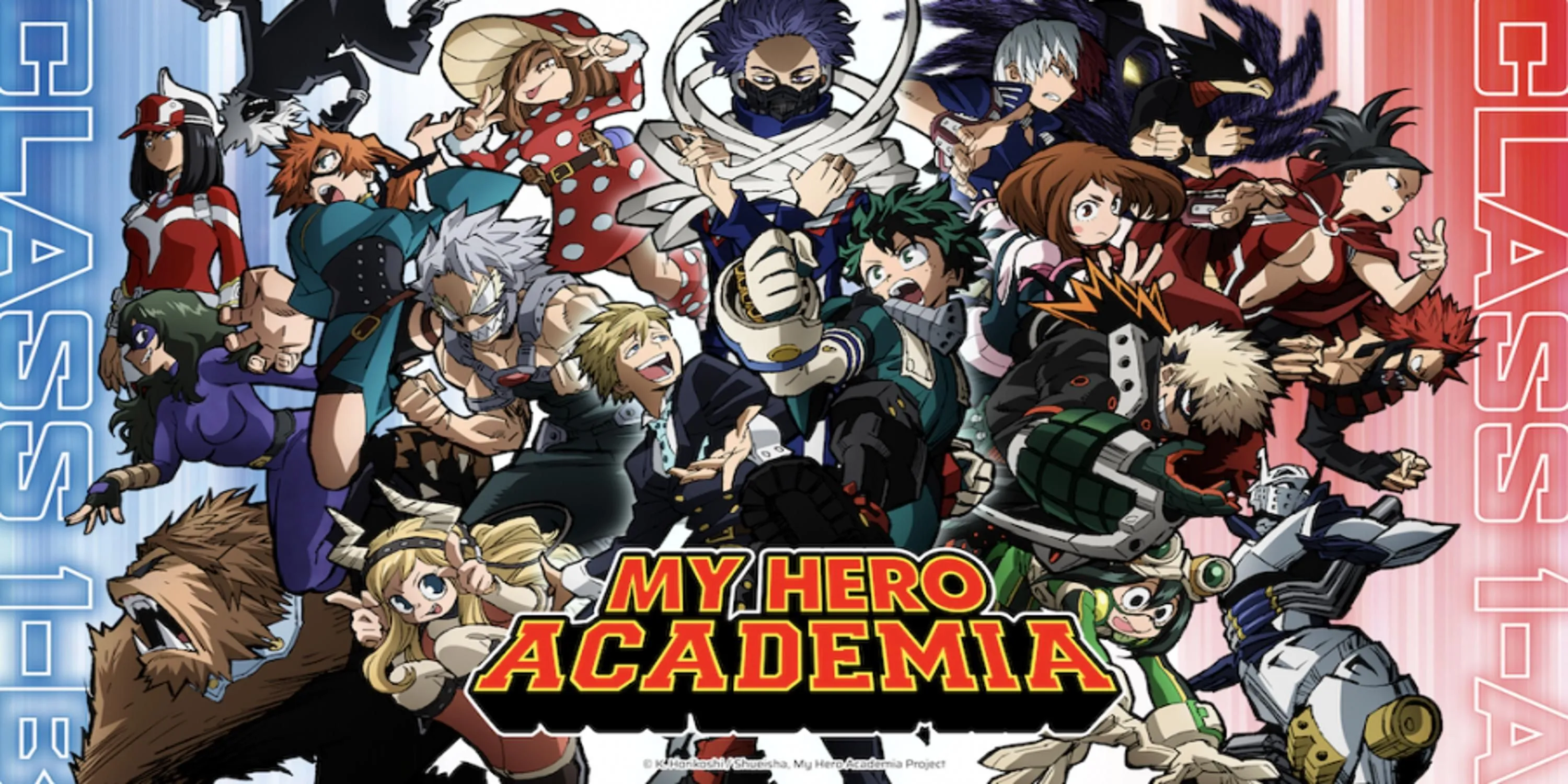 Midoriya (Deku) cùng các học sinh lớp 1-A và 1-B trong một cảnh từ mùa 5 My Hero Academia, gợi nhớ về Giải đấu năng lực chung.