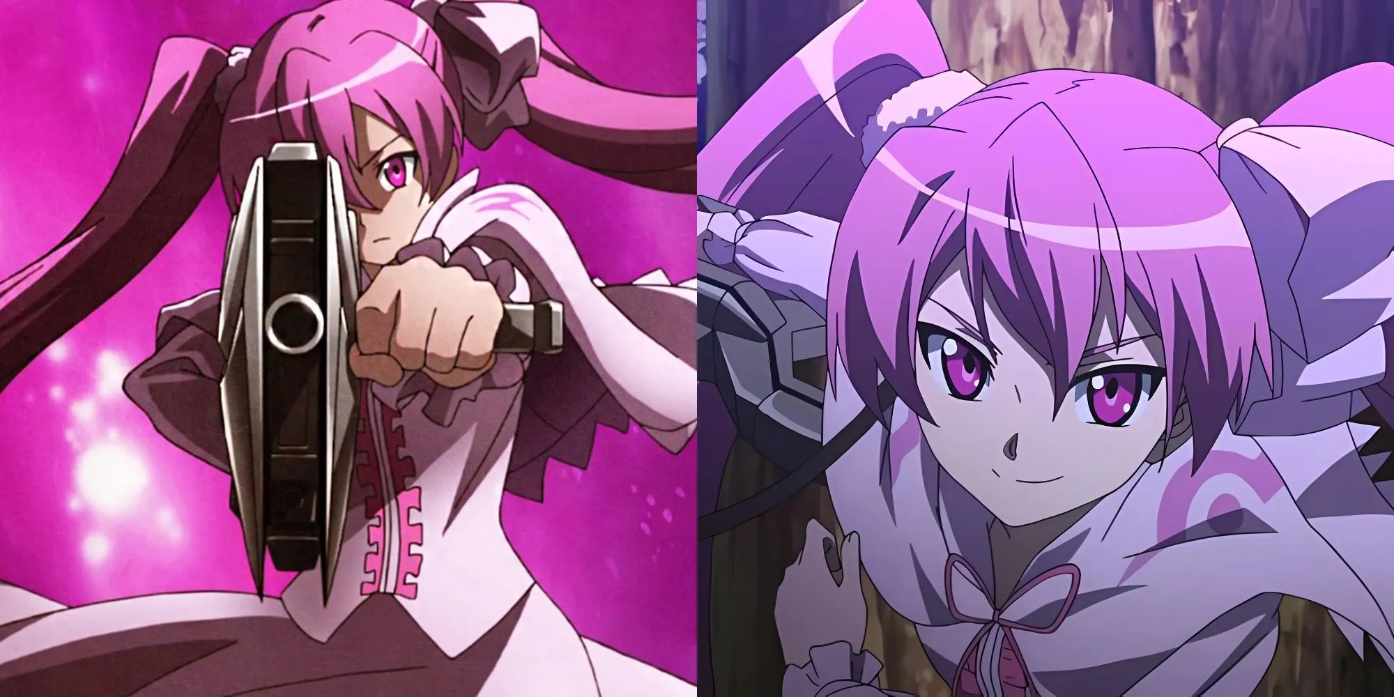 Mine trong bộ anime Akame ga Kill cầm khẩu súng bắn tỉa Pumpkin màu hồng