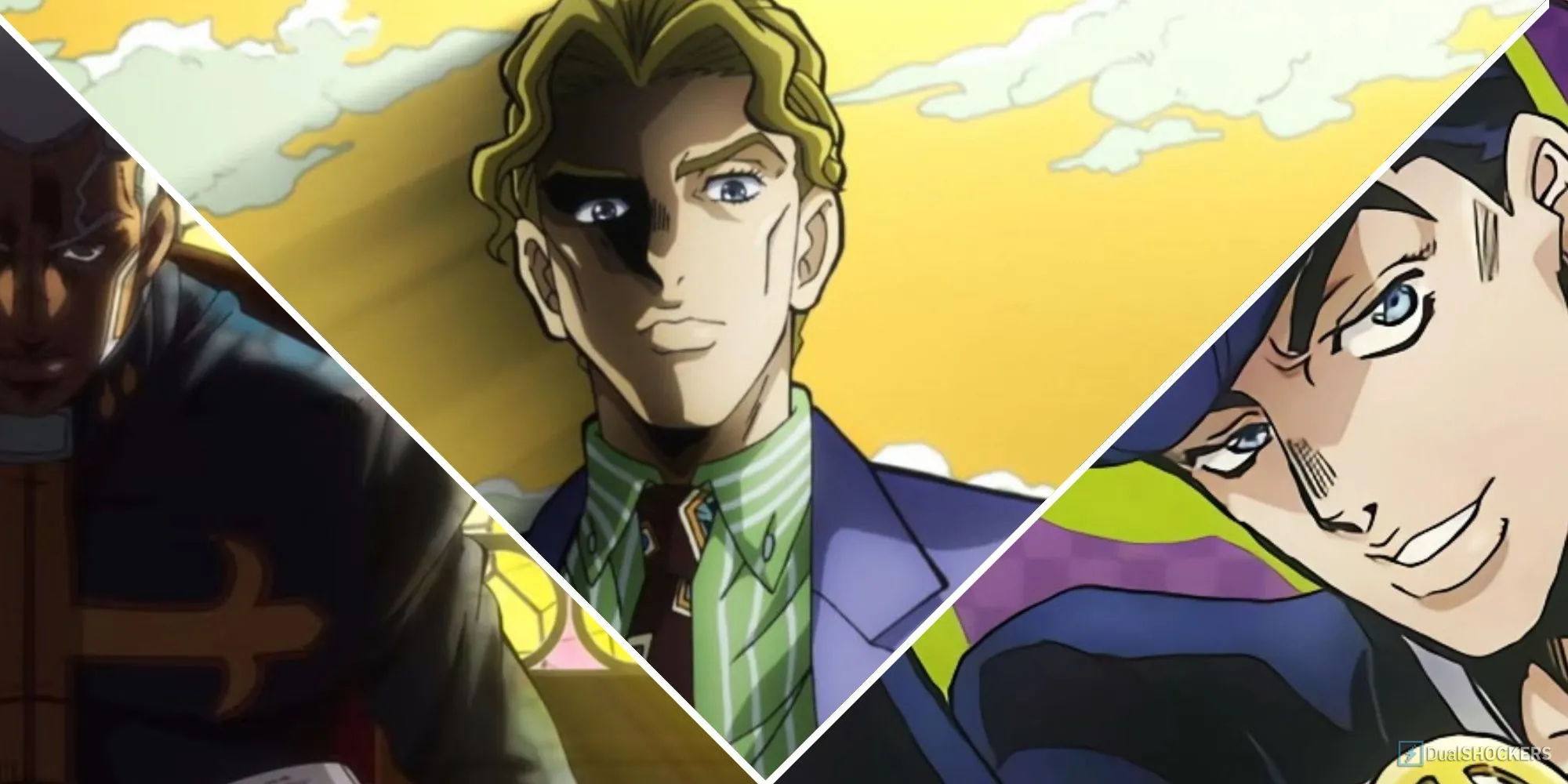Minh họa collage các nhân vật phản diện và chính diện nổi bật trong JoJo's Bizarre Adventure như Enrico Pucci, Yoshikage Kira và Josuke Higashikata.
