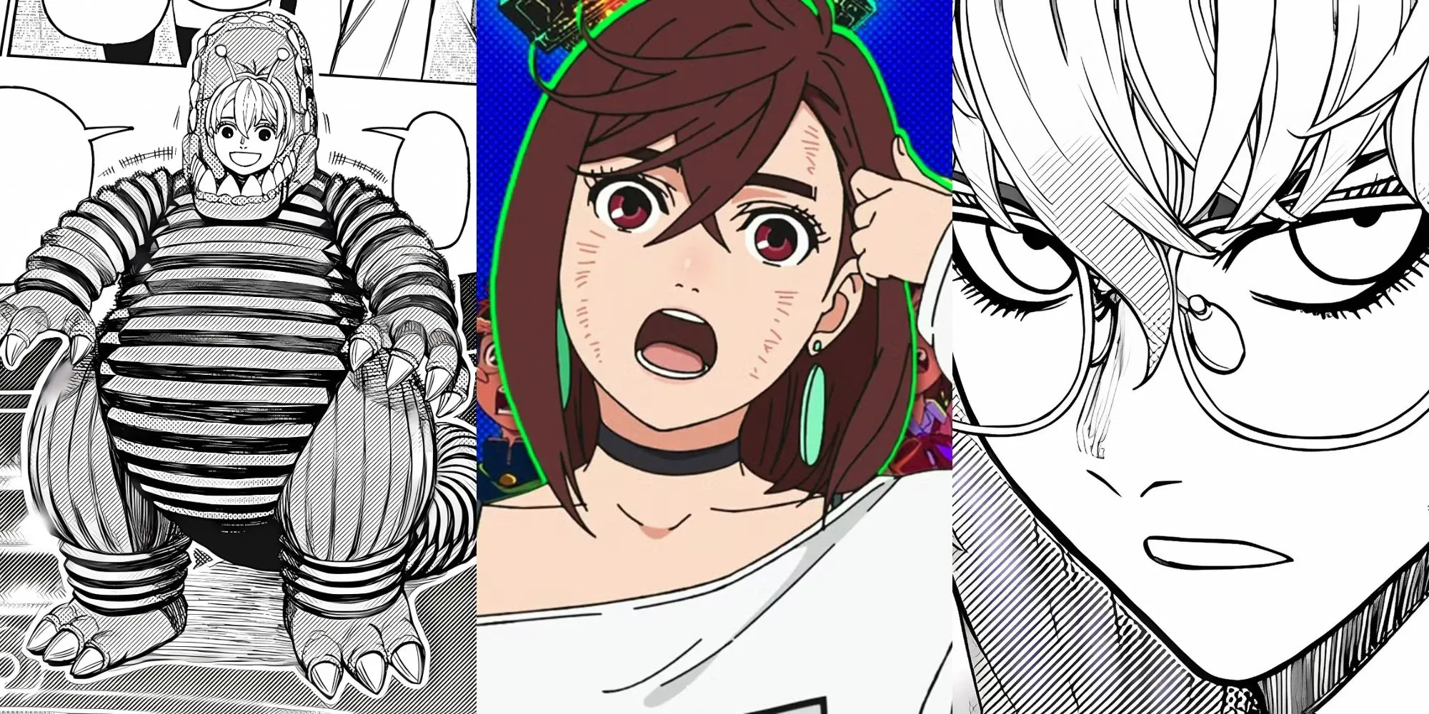 Mô tả: Cảnh Okarun, Momo Ayase và Count Saint-Germain trong bộ anime DanDaDan, thể hiện các nhân vật chính đang đối mặt với tình huống kỳ lạ hoặc nguy hiểm.
