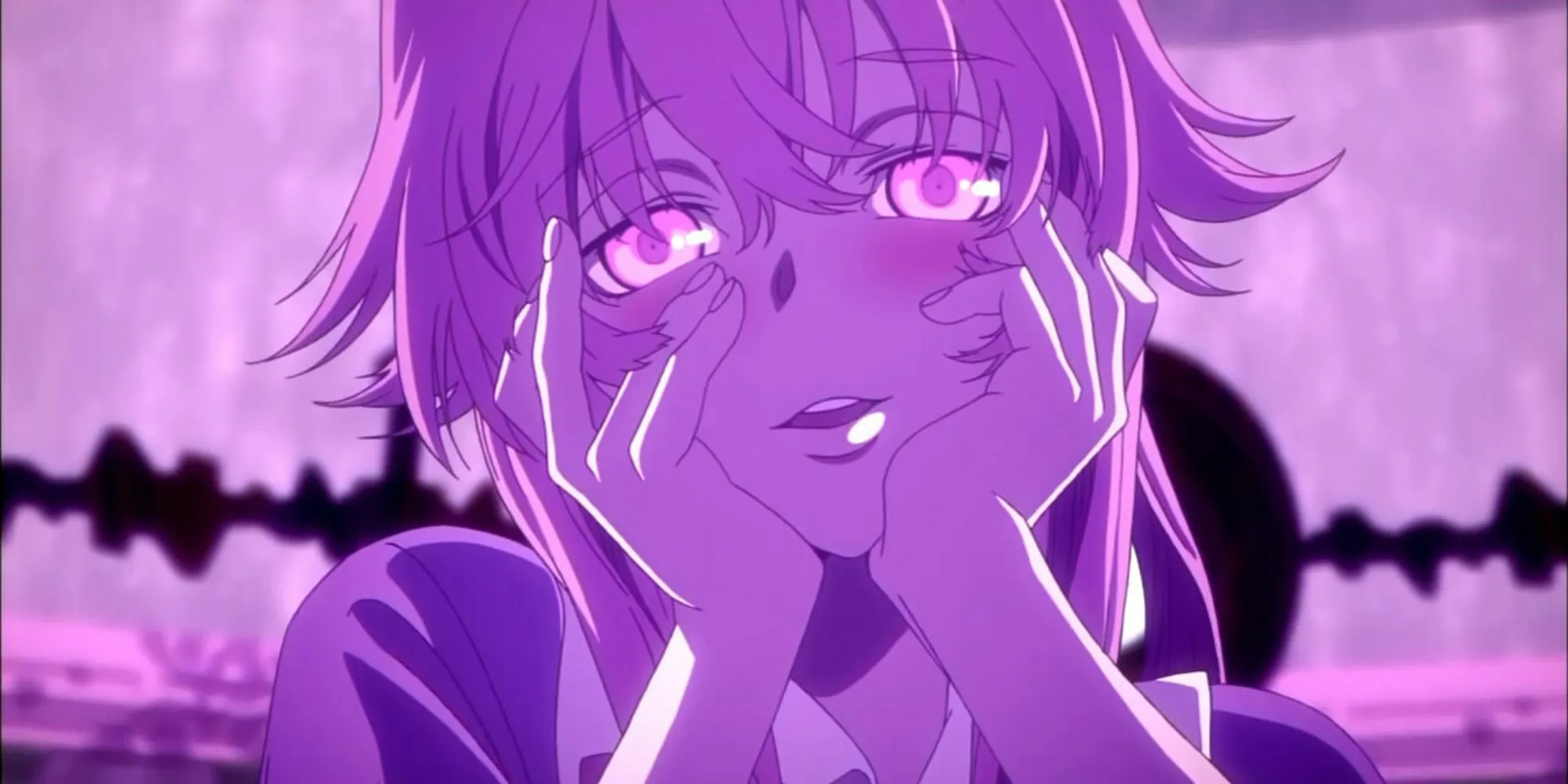 Một nhân vật từ Future Diary (có thể là Yuno hoặc Yukiteru) ôm mặt, biểu thị sự tuyệt vọng hoặc đấu tranh tâm lý dữ dội