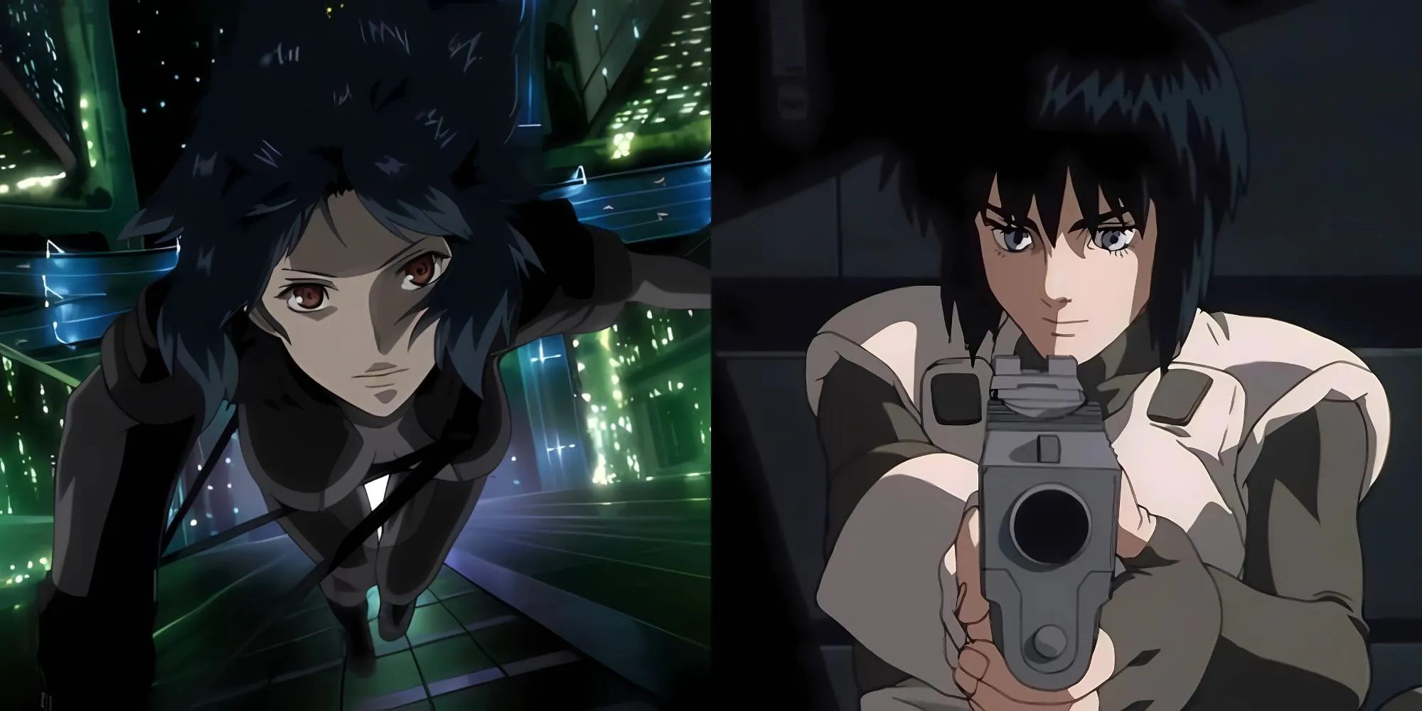 Motoko Kusanagi với mái tóc tím ngắn và trang phục đặc trưng, trong bối cảnh Cyberpunk