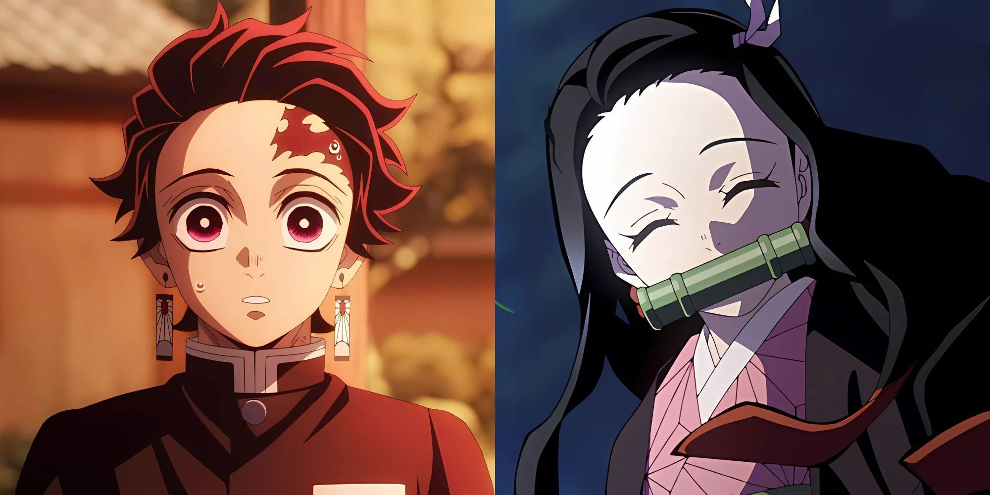 Nhân vật chính Tanjiro Kamado và em gái Nezuko trong bối cảnh khu phố đèn đỏ rực rỡ trong anime Demon Slayer.