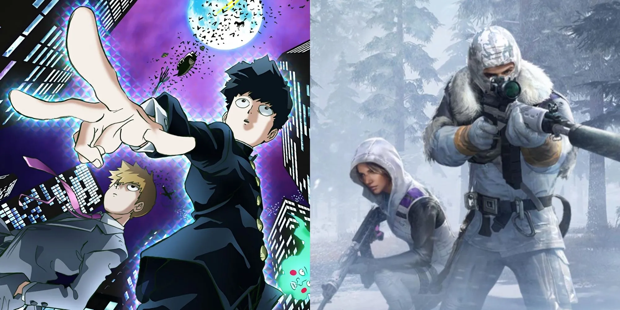 Nhân vật Mob từ Mob Psycho 100 với biểu cảm trống rỗng trong khung cảnh game PUBG
