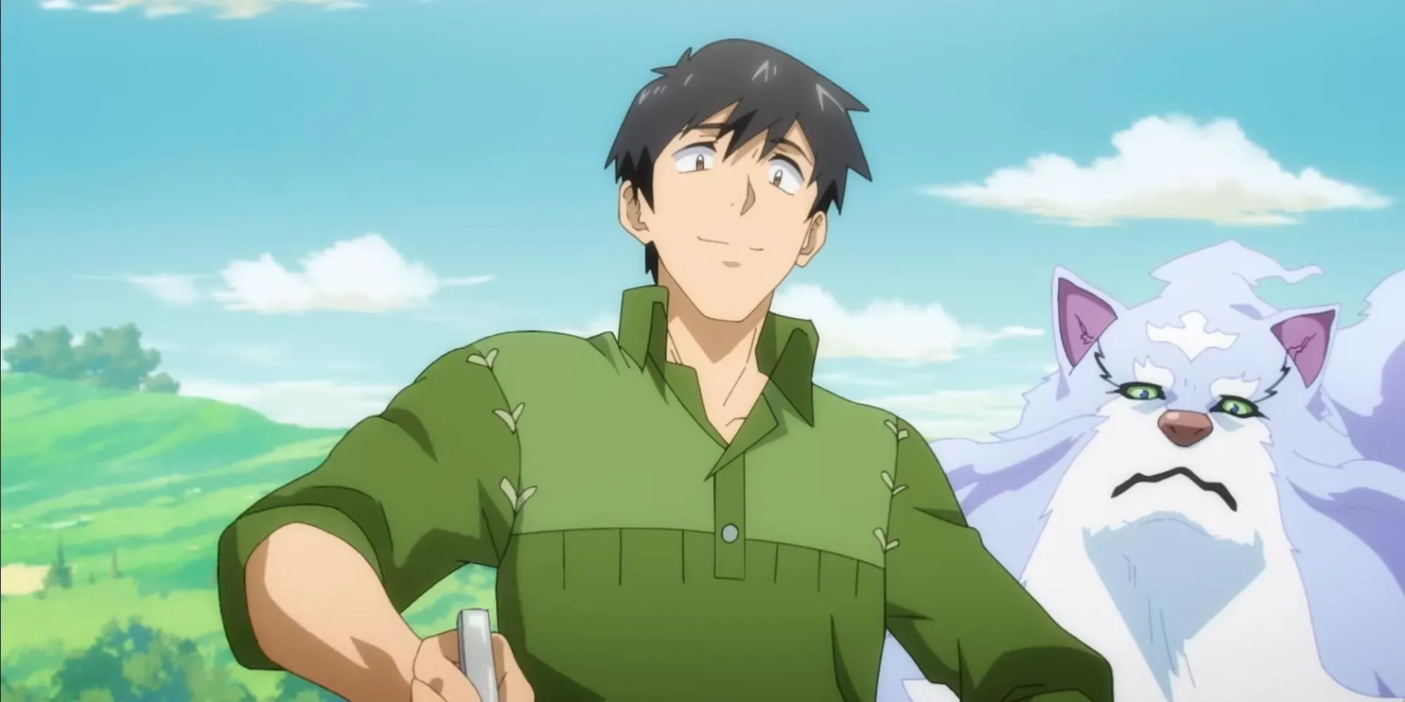 Nhân vật Mukouda và Fel thưởng thức bữa ăn trong anime Campfire Cooking in Another World with My Absurd Skill