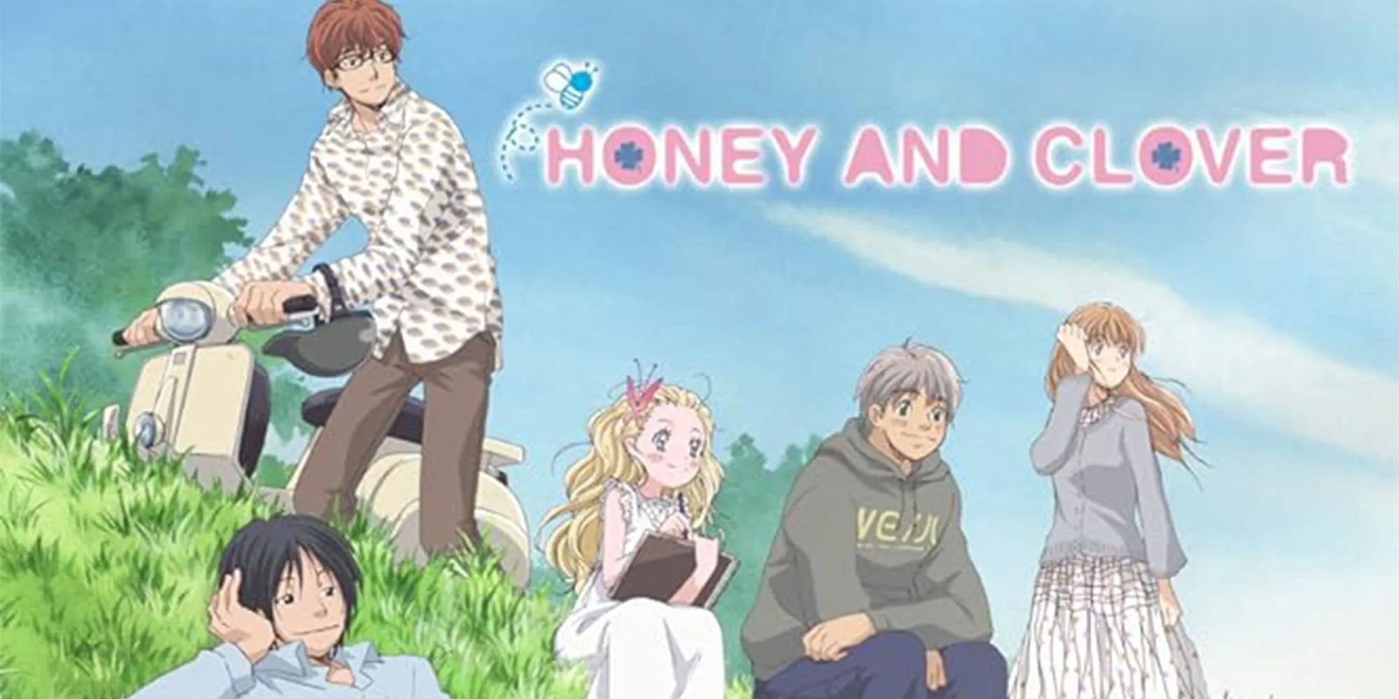 Nhóm bạn đại học trong Honey and Clover ngồi cùng nhau, thể hiện chủ đề tình bạn và sự trưởng thành