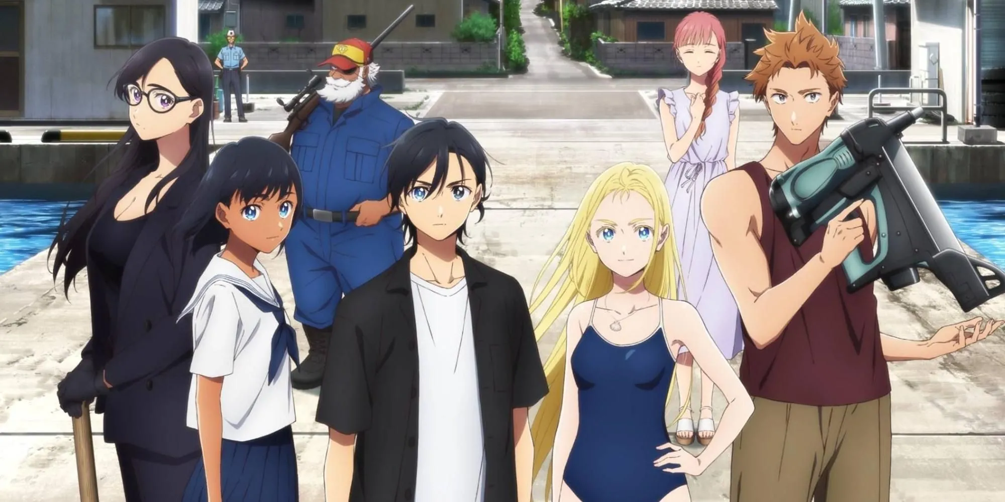 Nhóm nhân vật chính trong anime Summer Time Rendering trên hòn đảo Hitogashima.