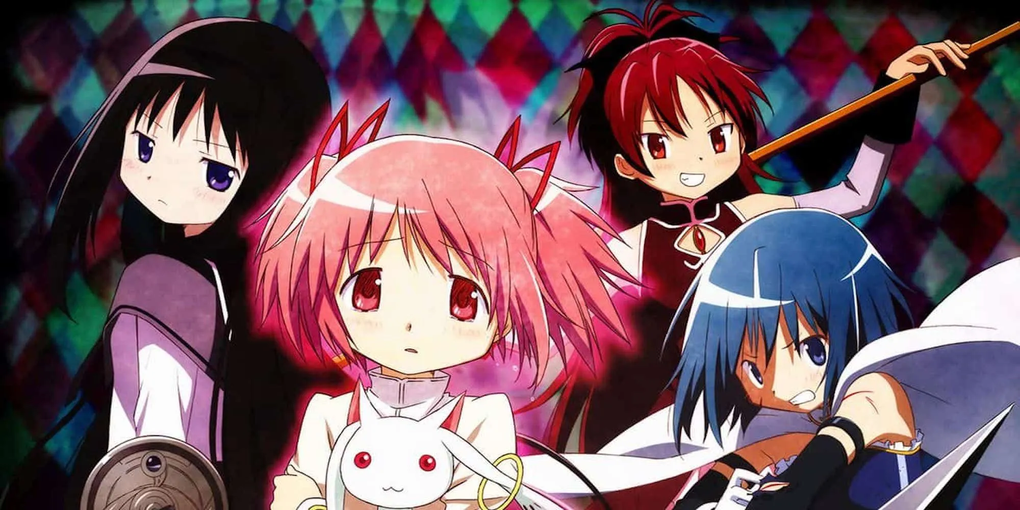 Nhóm pháp sư Sayaka Miki, Mami Tomoe, Madoka Kaname, Homura Akemi, Kyoko Sakura trong Madoka Magica