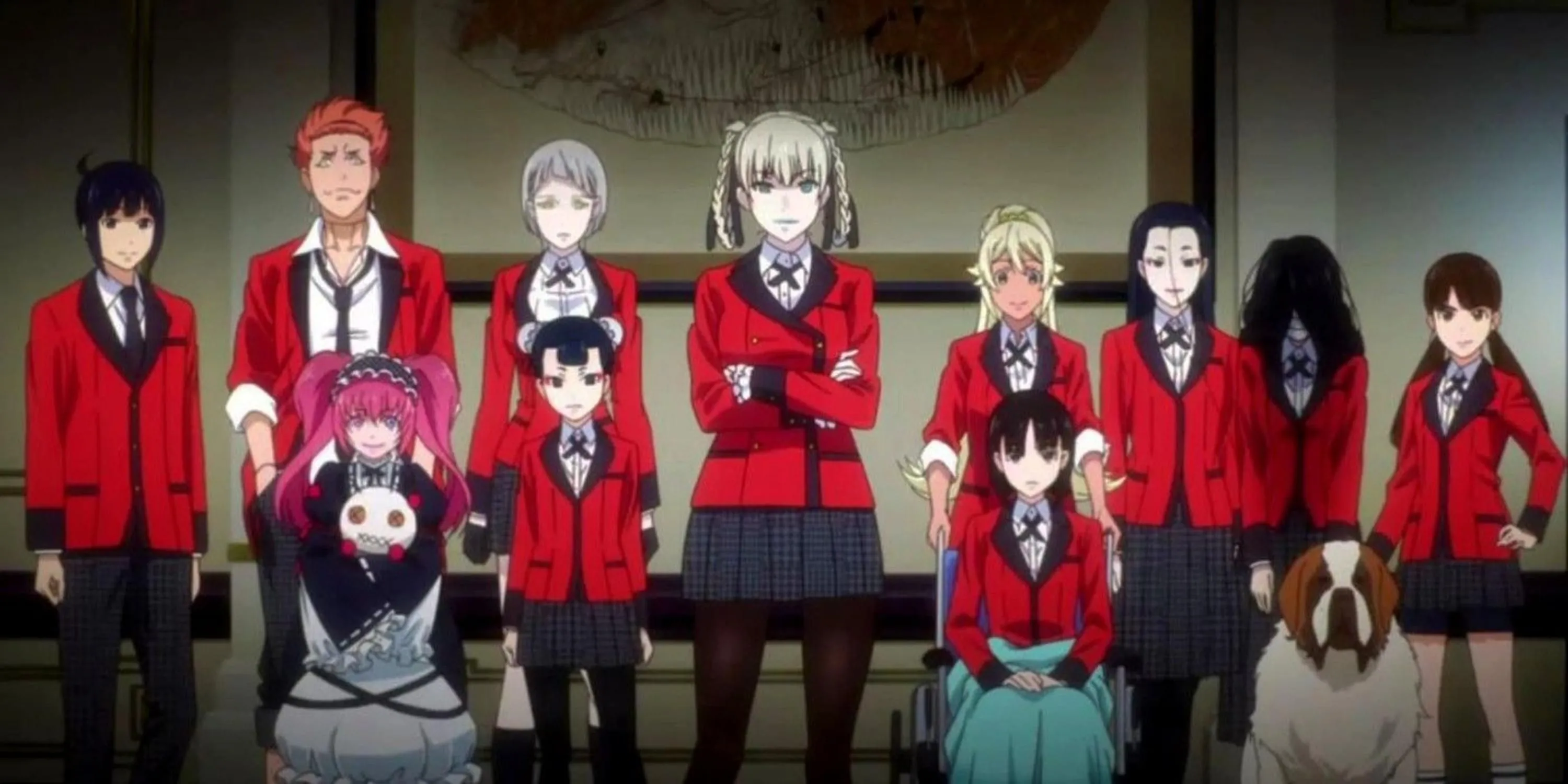 Nữ sinh Yumeko Jabami với biểu cảm 'điên cuồng' khi đánh bạc trong anime Kakegurui.