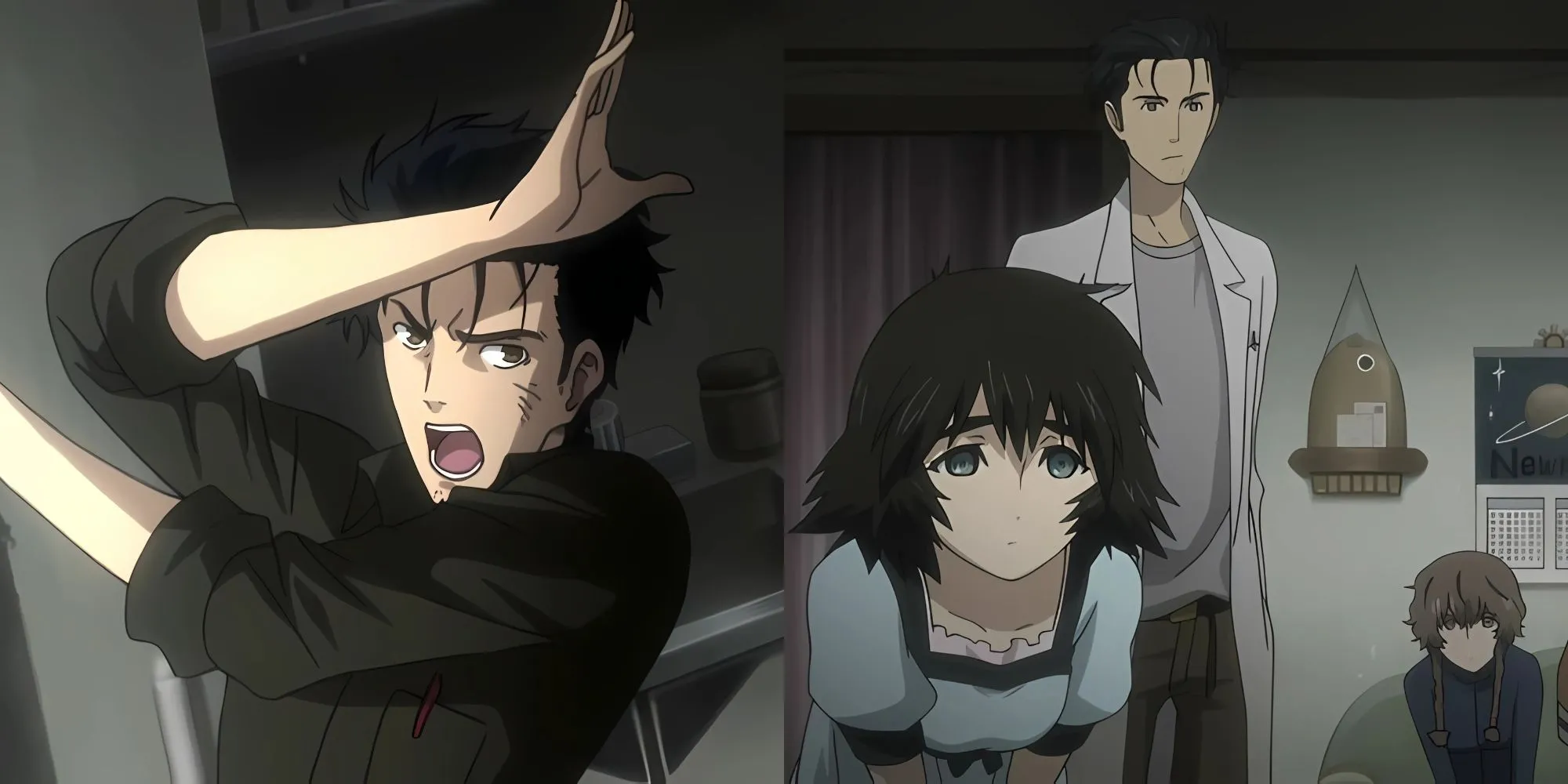Okabe Rintaro (Okarin) của Steins;Gate với chiếc điện thoại, biểu cảm suy tư, bối cảnh phòng thí nghiệm tương lai