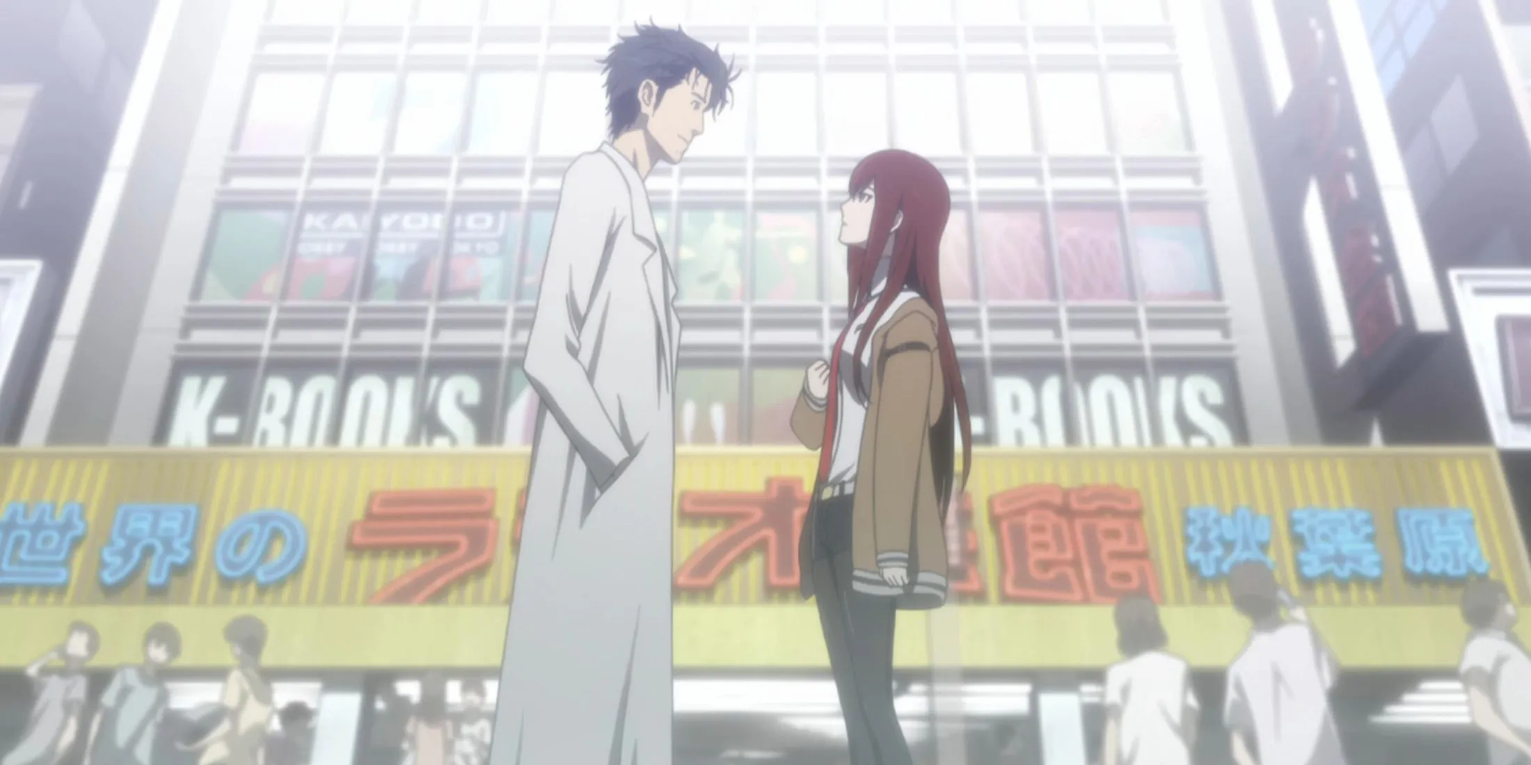 Okabe Rintaro và Makise Kurisu trong cảnh kết thúc phức tạp về du hành thời gian của Steins;Gate.