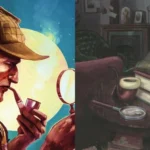 Sherlock Holmes với mũ và tẩu thuốc, đứng trong sương mù London