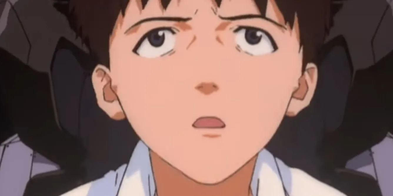Shinji Ikari, nhân vật chính của Neon Genesis Evangelion, với ánh mắt đầy ưu tư, phản ánh nội tâm phức tạp của anh