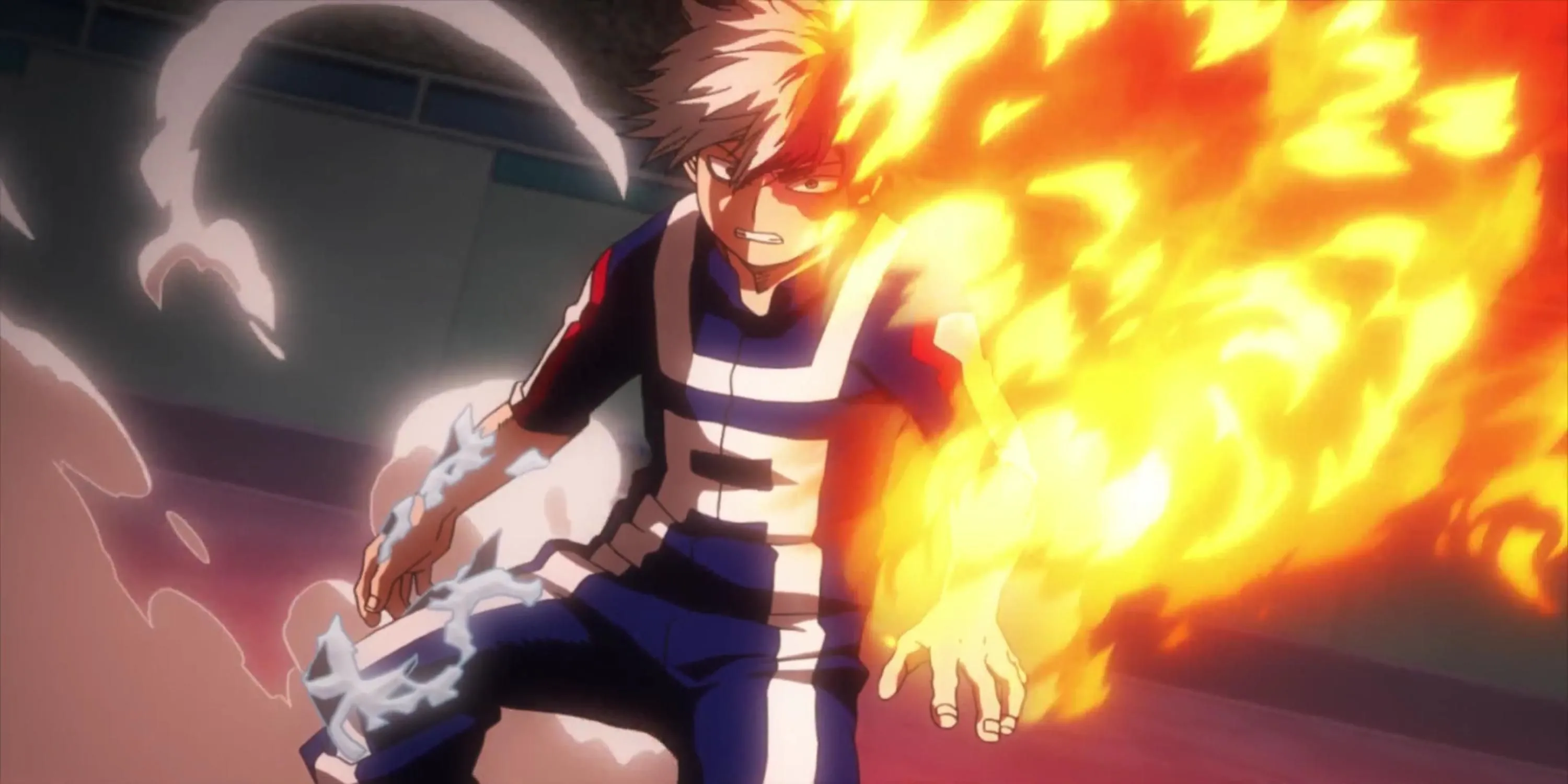 Shoto Todoroki kích hoạt cả lửa và băng từ quirk Half-Cold Half-Hot