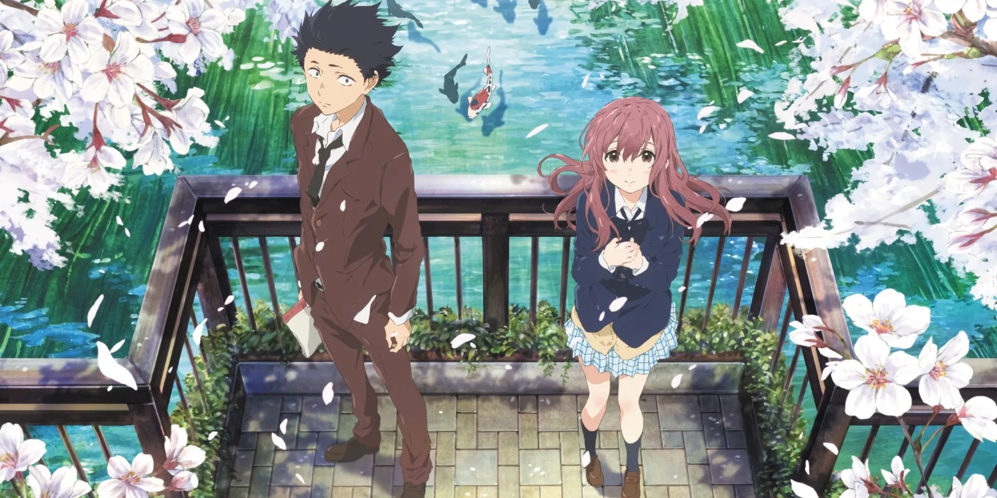 Shoya Ishida và Shoko Nishimiya đứng cạnh nhau, biểu tượng cho chủ đề hòa giải và chuộc tội của A Silent Voice