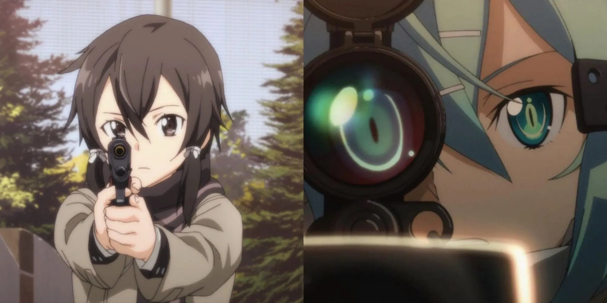 Sinon với mái tóc xanh lam và khăn choàng đặc trưng, cầm khẩu Hecate II trong Sword Art Online II