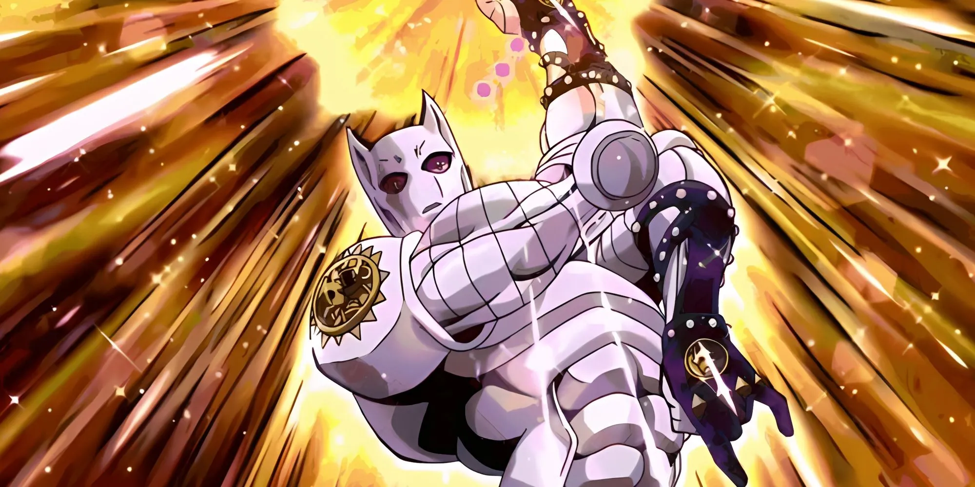 Stand Killer Queen thực hiện dáng chém góc chéo đặc trưng, với hai tay tạo góc vuông và chân sau dang rộng, thể hiện sự nguy hiểm và tính toán trong JoJo phần 4.
