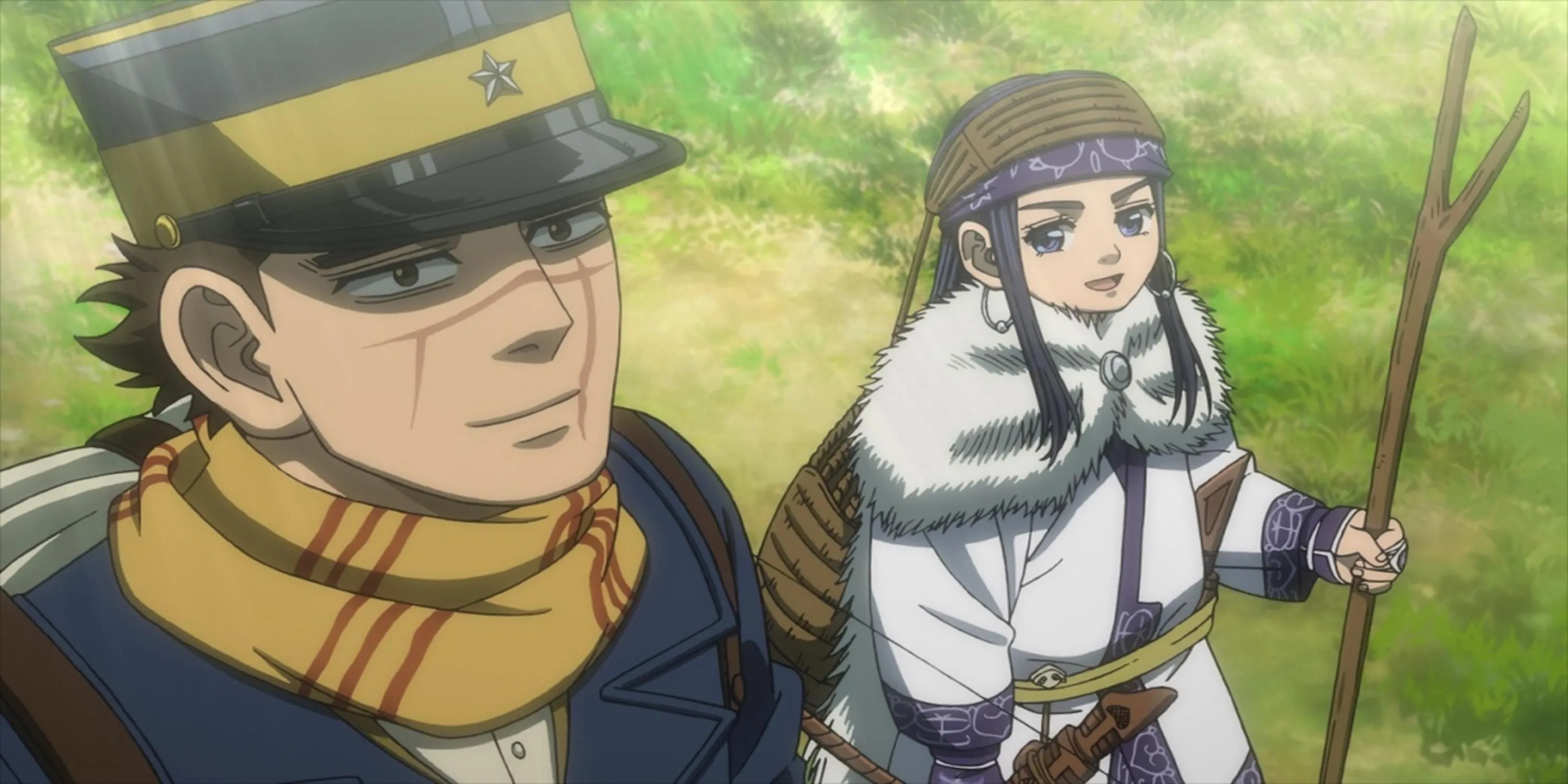 Sugimoto và Asirpa cùng sói Okamiden trong anime Golden Kamuy