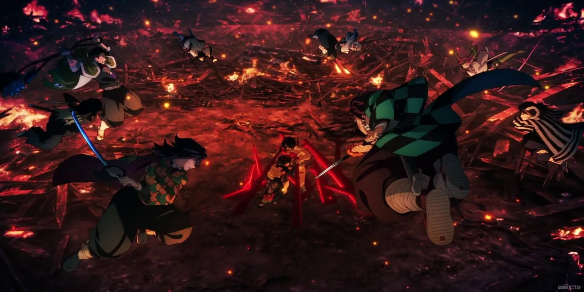 Tanjiro Kamado và các Trụ Cột chuẩn bị tấn công Muzan, minh họa tập trung vào hành động trong Demon Slayer