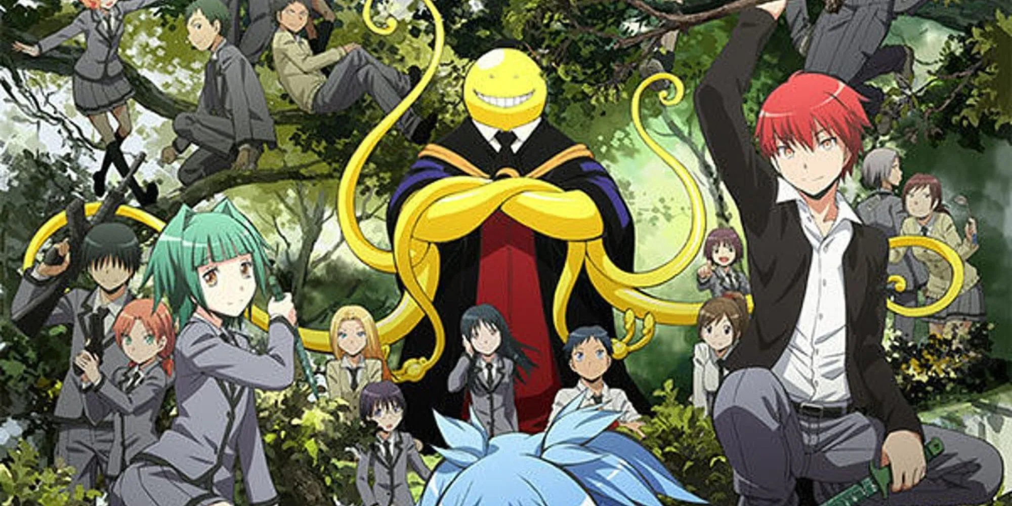 Thầy Koro-sensei đứng trên bục giảng nhìn học sinh lớp 3-E trong anime Lớp Học Ám Sát